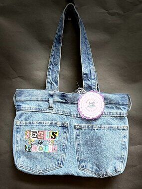 Jesus Is Enough Tote Bag | Handmade Upcycled Denim Christian Purse